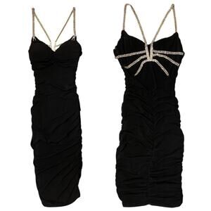 Cache Bodycon Ruched Mini Dress US 2 Black Open Back Rhinestone Party Black Tie